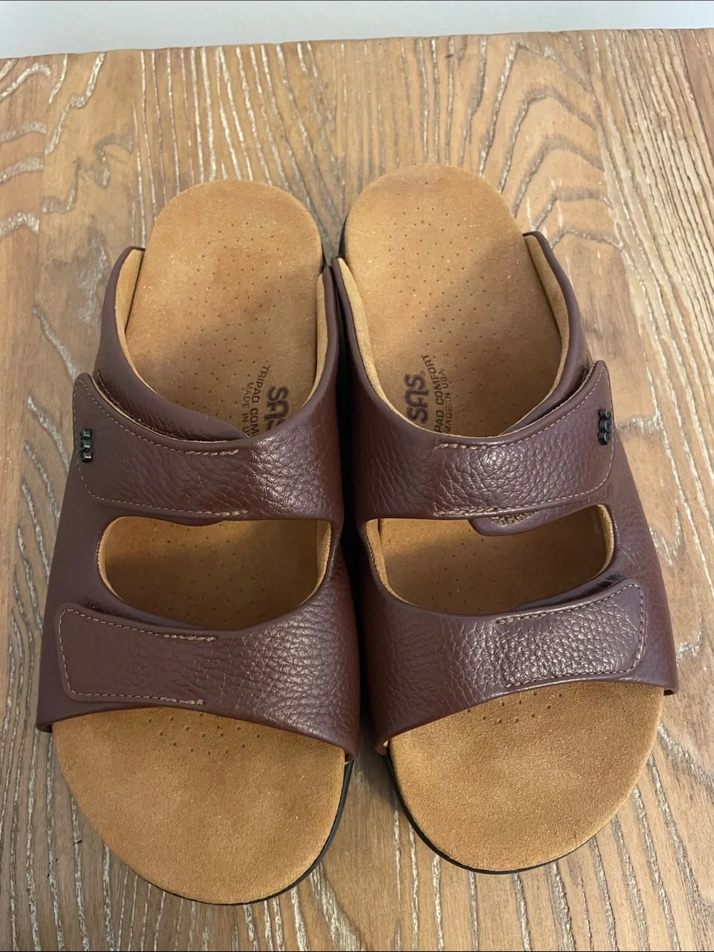 SAS Cozy Leather Slide Adjustable Strap Sandals in Amber Brown 10 Wide